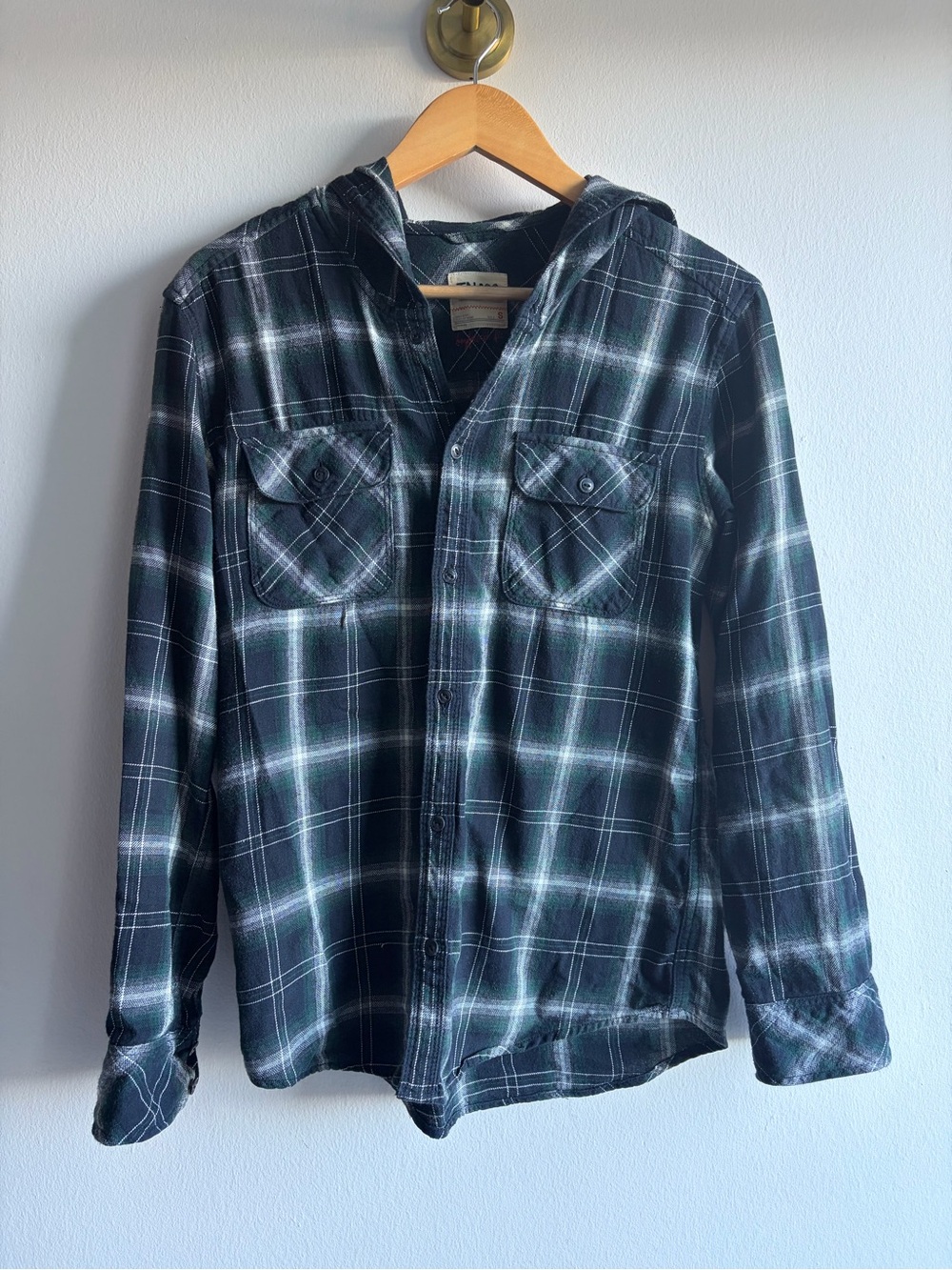 TNA Dark Green Plaid Hooded Button-Down Shirt